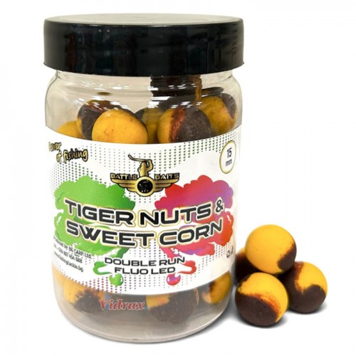 Критично балансирани ПУШЕЩИ топчета Double Run Fluo Led 15 мм Tiger Nuts & Sweet Corn (тигров фъстък и царевица) BB0900 - Battle Baits Критично балансирани ПУШЕЩИ топчета Double Run Fluo Led 15 мм Tiger Nuts & Sweet Corn (тигров фъстък и царевица) BB0900 - Battle Baits